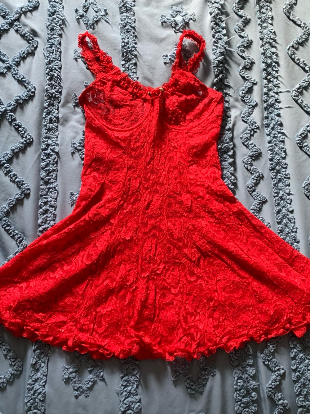 Vintage Inner Most Ruby Red Floral Lace Babydoll Slip Dress with Underwire